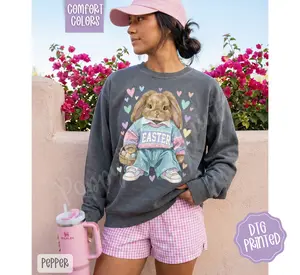 Easter Bunny Comfort Colors Sweatshirt, Trendy Women's Spring Crewneck