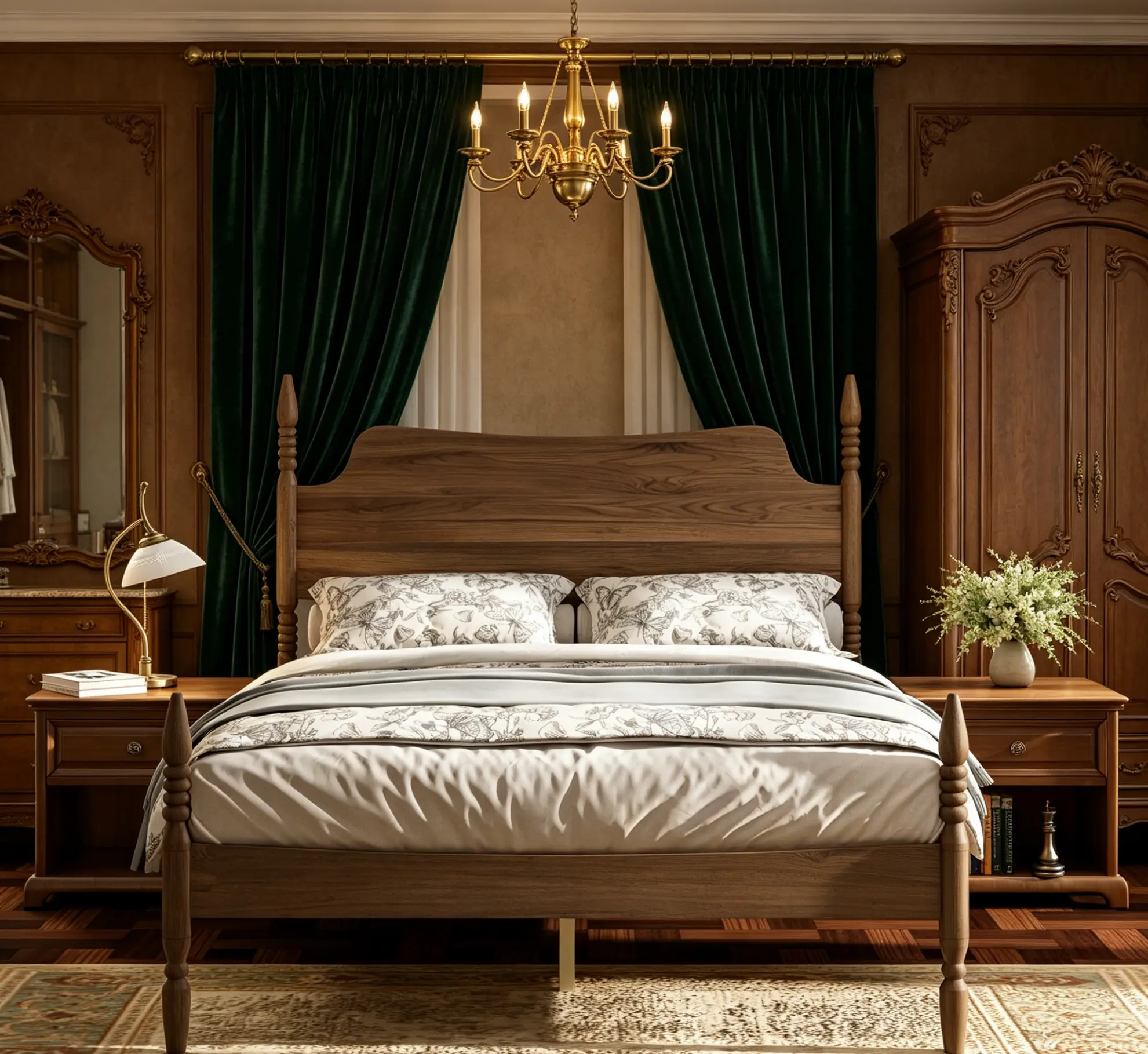 Walnut 4-Poster Platform Bed Frame - Spindle Design, Curved Tall Headboard, No Box Spring Required