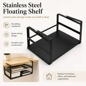 Under-cabinet Mounted Stainless Steel Storage Rack, No-drill Kitchen Condiment Organizer, Under-desk Book and Sundry Storage Shelf. No drilling required, frees up countertop space, suitable for kitchen, bedroom and office (DM306)