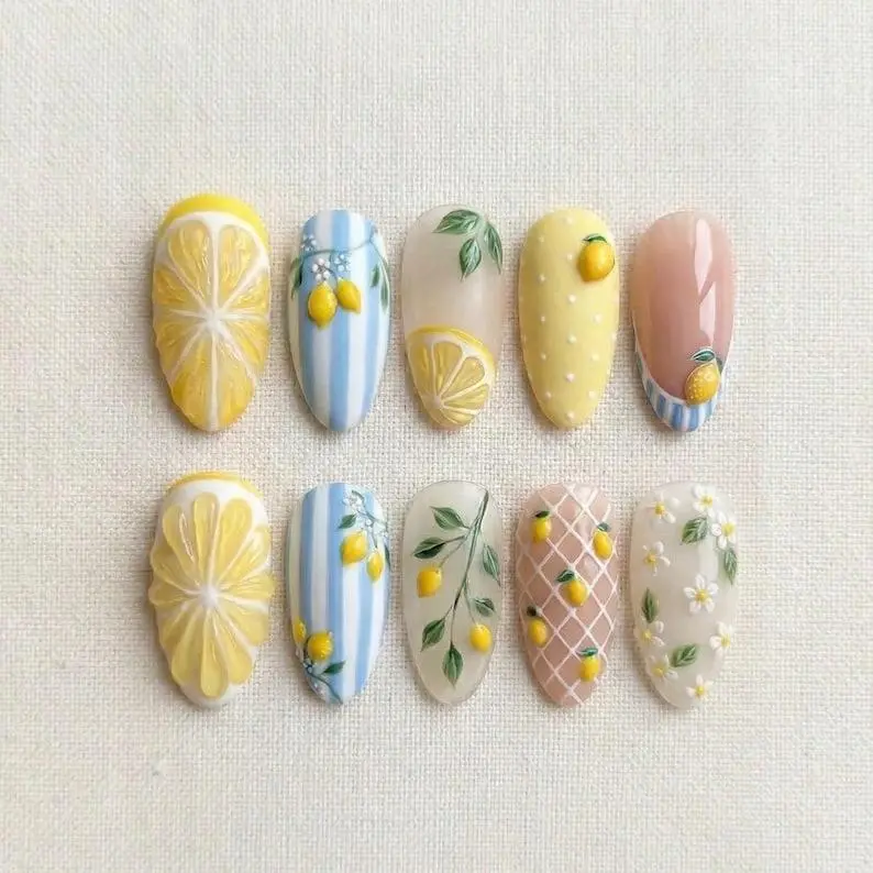 Summer Lemon Press On Nails, Fresh Citrus Nail Set, Yellow Blue Nails, Cute 3 Fruit Nails, Spring Summer Nails, Handmade Gel Nails