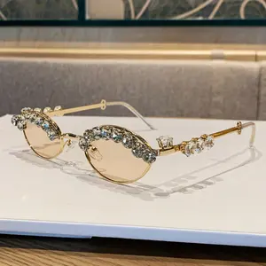 New Fashionable Oval Shaped Diamond-Studded Sunglasses European and American Trend Street Style Small Frame Sun Protection Sunglasses for Women with a High-End Feel