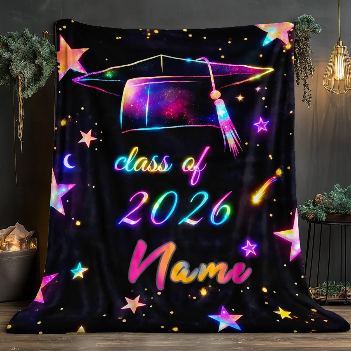 Personalized Class of 2026 Graduation Throw Blanket, Custom Name Neon Galaxy Cap Themed Cozy Blanket, Soft Fluffy Lightweight Blanket for Graduates, Anti-Pilling Washable Decorative Blanket