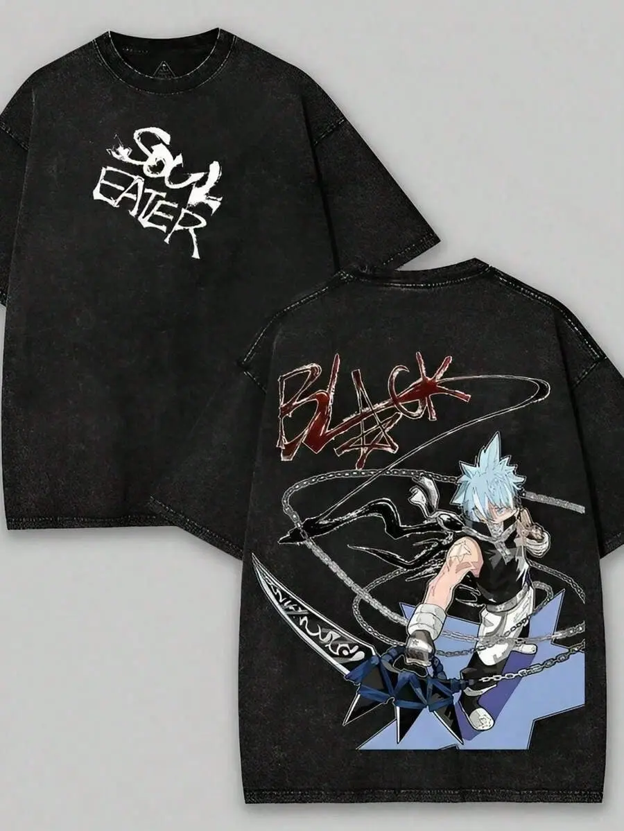 Women's Soul Eater Black Star Anime Washed Seamless Short-Sleeve T-Shirt, Double-Sided Cotton, Unisex Aesthetic Apparel, Japanese Manga Merch, Retro Black Day Streetwear
