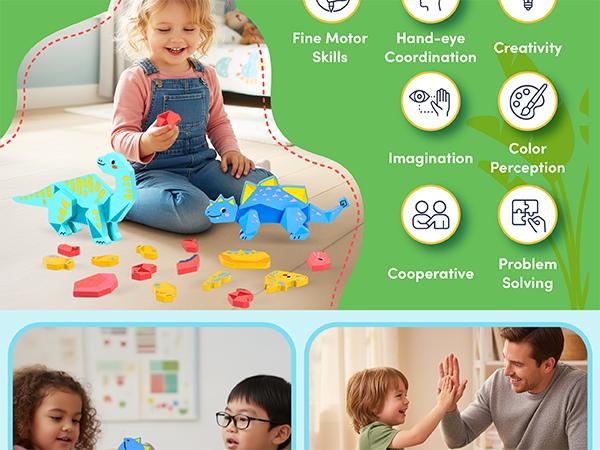 JoyCat Magnetic Wooden Dinosaur Building Blocks Set, Montessori STEM Early Learning Fine Motor Toy for Toddlers 1-3, Build-and-Take-Apart Playset, Kids' Gift, Magnetic Building Blocks summerwins