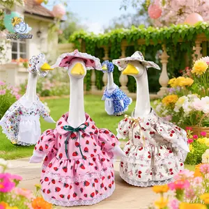 2 Pcs Porch Goose Party Costume Cute Flower Fruit Print Dress and Hat Set for Outdoor Patio Yard Lawn Art Decoration