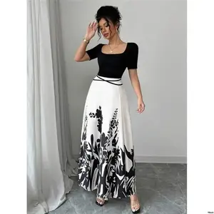 - WaistTieDesign GlorayWomen sElegantFittedWaistedQipaoDressWithShortSleeve SquareNeck NoveltyChinese StyleFloralPrint