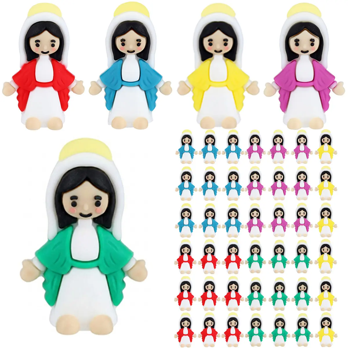 Rubber Traditional Mini Virgin Mary Figurines - Catholic Assorted Colors Bulk Sets (10-50 Pcs), Religious Home Decor, Toddlers Party Pack, Goody Bag/Basket Stuffers, Baptism/Easter Collectibles Gift Set