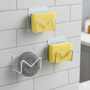 Stainless Steel Sponge Holder, No Drill Wall Mounted Sink Caddy with Drain Holes, Drying Rack for Sponges & Brushes, Rustproof Kitchen Organizer, Countertop Storage Tool for Wet Areas