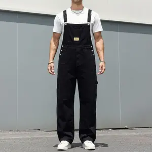 Men's Black Denim Overalls Loose Wide Leg Jumpsuit Casual Streetwear Workwear Bib Overalls Adjustable Straps Cargo Pants