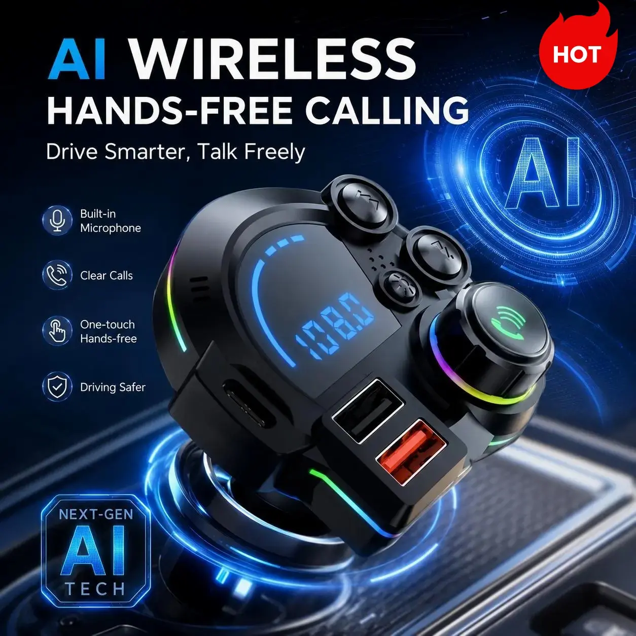 Car Wireless MP3 Player, PD 30W Type-C Car Charger and Bluetooth 5.3 FM Transmitter, Dual USB Ports, Bass Enhancement, RGB Colorful Radio Adapter, Hands-free Calling, Car Accessory and Road Trip Essential, Compatible with 12V-24V Voltage