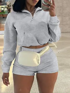 Women's Casual Fitted Solid Color Long Sleeve Half-Zip Sweatshirt Set, Adjustable Drawstring Elastic Waist Shorts Two-Piece for Daily Wear Outfit