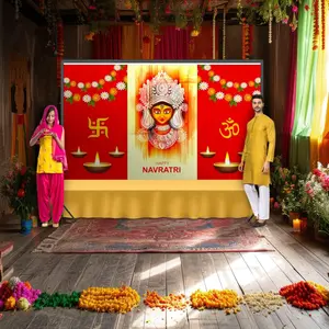 Celebrate Navratri with Graceful Traditional Backdrop | 5x8 Ft Polyester Pooja Cloth | Transform Your Decor for Festivals & Events