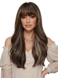 24 Inch Long Curly Wig with Bangs, Deep, High-Light Mechanized Fiber, Synthetic Material Wigs, Natural Look, Easy Care, Perfect for Daily Wear