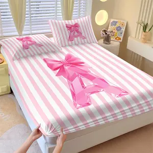 3Pcs  26 Letters Pink Bow Fitted Sheet Set, Pink Stripe Bed Sheet Set, Striped Bed Sheets, Cute Girly Bedding Set with Pillowcases, Princess Style Initial Fitted Sheet for Bedroom Dorm, No Fillers, Ideal Gift