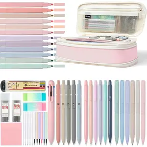 55 count Aesthetic School Supplies Set: Large Pencil Case with 5 Inspirational Pens,12 Pastel Highlighters, 6 Morandi Gel Pens, 6 Mechanical Pencils (0.5/0.7mm) for Student Essentials & College Girls