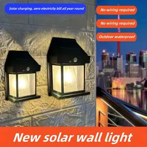 Solar Outdoor Wall Lamp, Three Modes Human Body Sensing, Tungsten Wall Lamp, Suitable for Gardens, Villas and Yards, Night Light, Rainproof