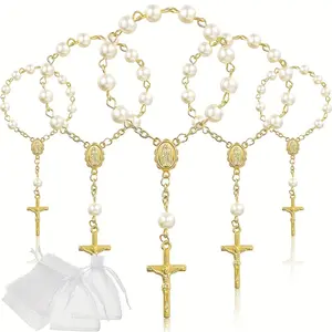 30 Pieces Mini Rosaries Baptism Rosary Beads Acrylic Ivory Color Faux Pearls with Gold Crosses Organza Bags for Christening Weddings Party Favors Decor Gift Lightweight Religious Ornaments tiktokshopspringglowup