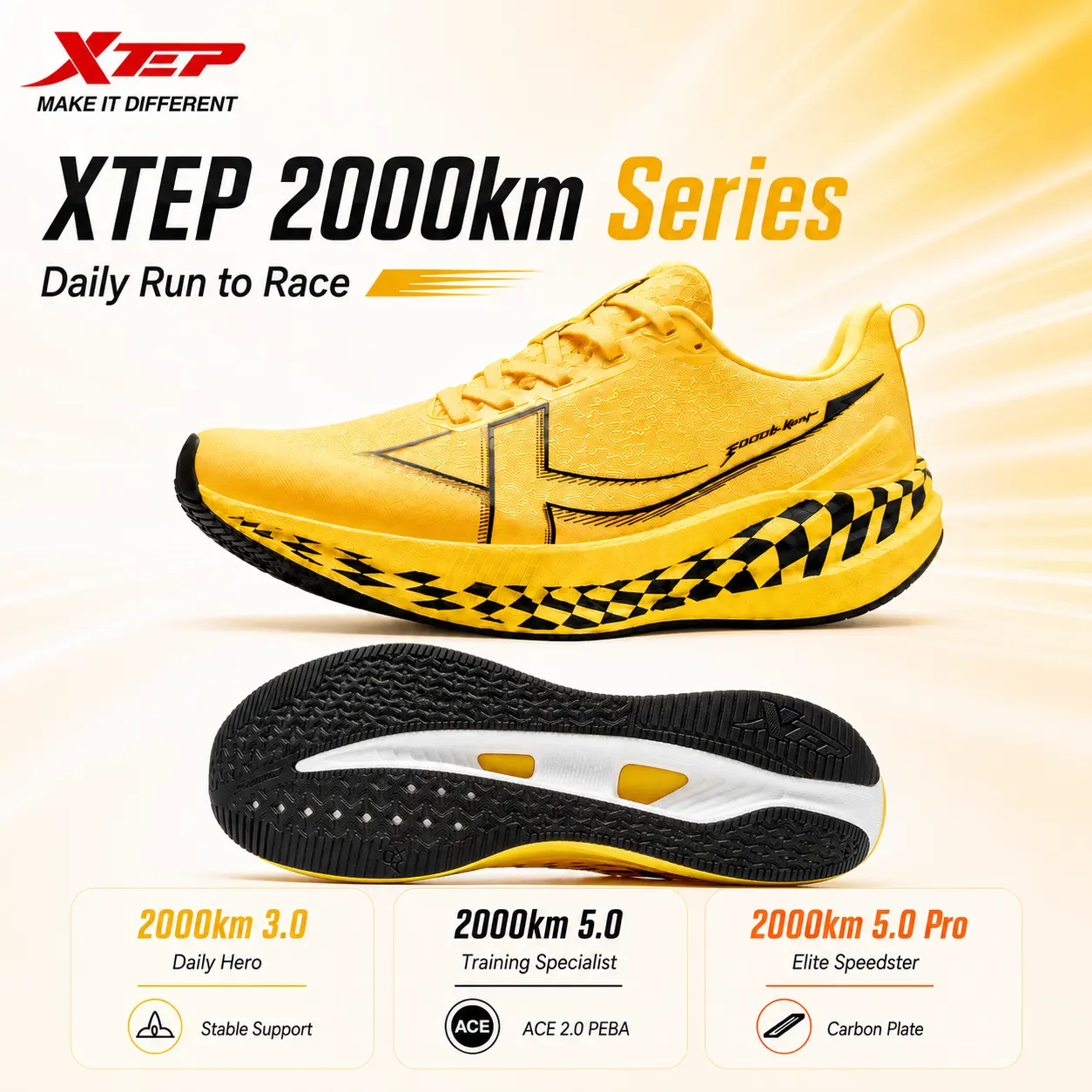 XTEP 2000km 3.0/5.0/5.0 Pro Men's Pro Running Shoes | Breathable Training Sneakers for Jogging & Marathon, ACE Midsole Comfort