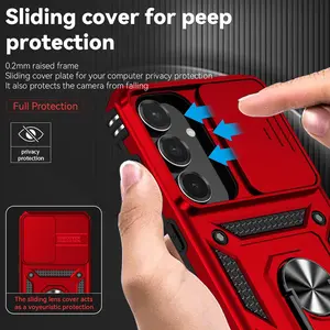 Compatible with Samsung Galaxy S25 FE 5G Case with HD Screen Protector & Slide Camera Cover & Rotated Ring Kickstand, [Military-Grade] Phone Case for Galaxy S25 FE (Red)