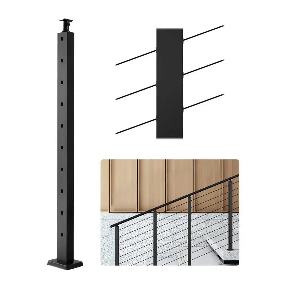 【summerfinds】VEVOR Cable Railing Post, 36x1x2 Inch Stair Railing Post, with Pre-Drilled 30° Angled Holes, Stainless Steel Cable Rail Post with Horizontal and Curved Bracket, 1-Pack, Black