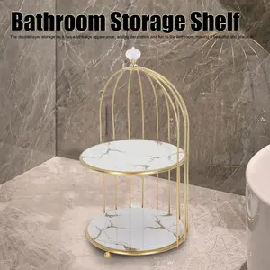 Double Layer Birdcage Makeup Vanity Storage Rack, Iron Art Glass Material, Bathroom Counter or Dressing Table, Base, Gold Pattern