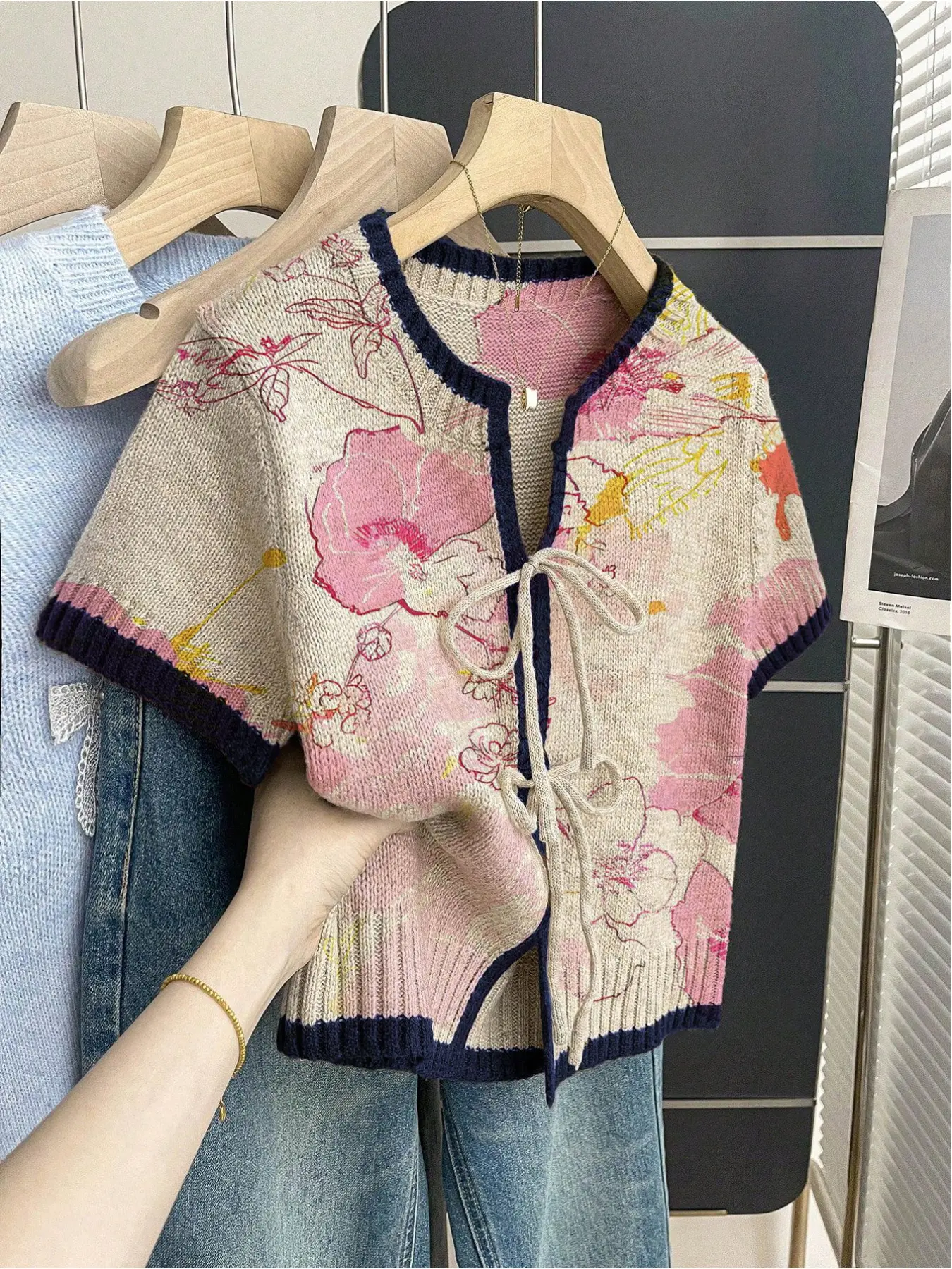 Women's khaki bohemian vacation short-sleeve knit top Lady. Loose round neck, contrast floral print, front tie and contrast piping. Comfortable for spring & summer casual wear. Boho Floral Blouse Womenswear