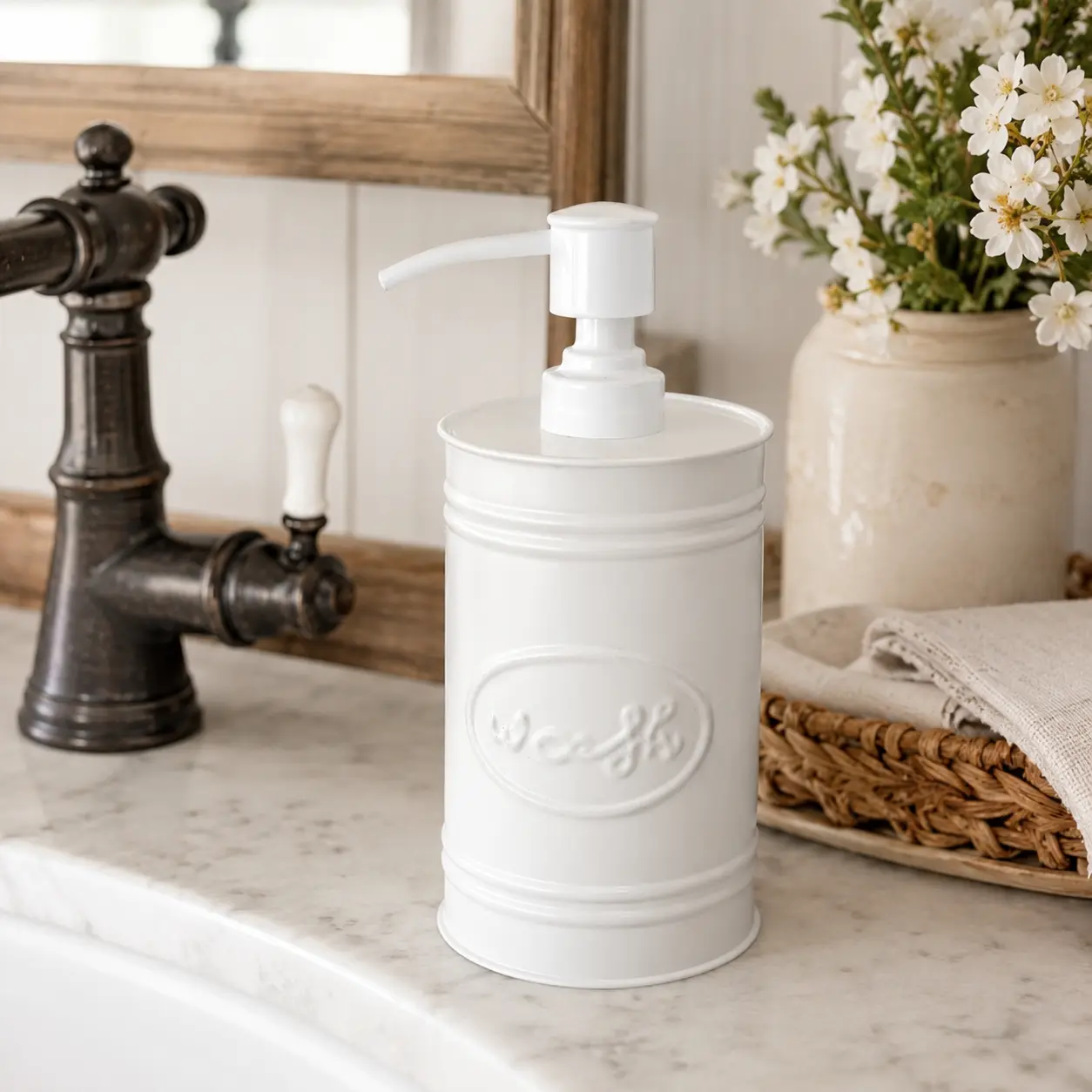 Autumn Alley Farmhouse White Soap Dispenser – Rustic Kitchen & Bathroom Lotion Pump