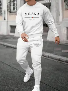 Men's Fall Winter Fleece Hoodie Set, Milan Letter Print Round Neck Sweatshirt + Drawstring Casual Sport Pants, 2 Piece Set, Sweatsuit Set, Streetwear Tracksuit