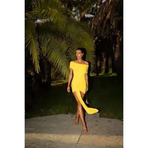 Yellow Off The Shoulder Drape Dress