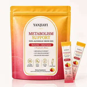 YANJIAYI Healthy Dietary Supplement Metabolism Support Drink Mix - Strawberry Lemonade Flavor Wellness Mocktail with Berberine, Akkermansia, Prebiotic Fiber, Sugar Free, 0g Added Sugar, 30 Single Serve Packs