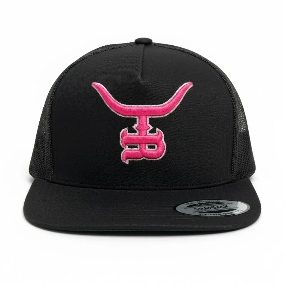 Gothic Longhorn Embroidered Hat Black Mesh Trucker Cap Hot Pink 7 Panel Flat Bill Snapback Hat Vintage Western Cowboy Monogram Baseball Cap For Men Women Casual Streetwear Gift