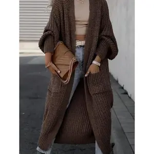 Women's Solid Drop Shoulder Long Cardigan, Casual Basic Pocket Long Sleeve Cardigan, Ladies Knitwear for Spring & Fall Daily Wear, Sweaters for Women, Womenswear