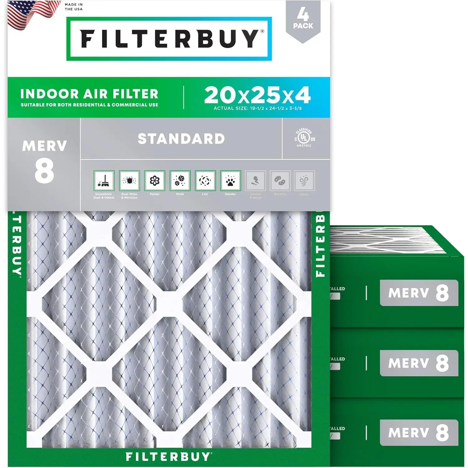 Filterbuy 20x25x4 Home Synthetic Replacement Air Filter (4-Pack), Pleated MERV 8 Dust Defense HVAC AC Furnace Filters (Actual Size: 19.50x24.50x3.63 in)
