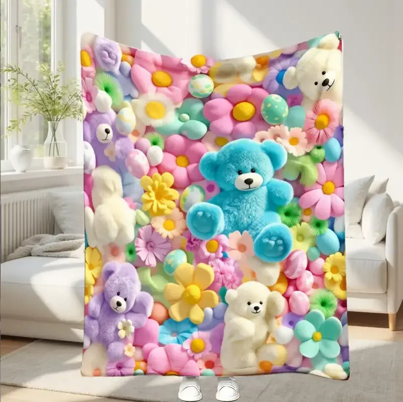 Pastel Teddy Bears-Flowers-Eggs Printed Flannel Thin Blanket, 4 Sizes Available for Kids & Adults, Dream Workshop Bedding Blanket
