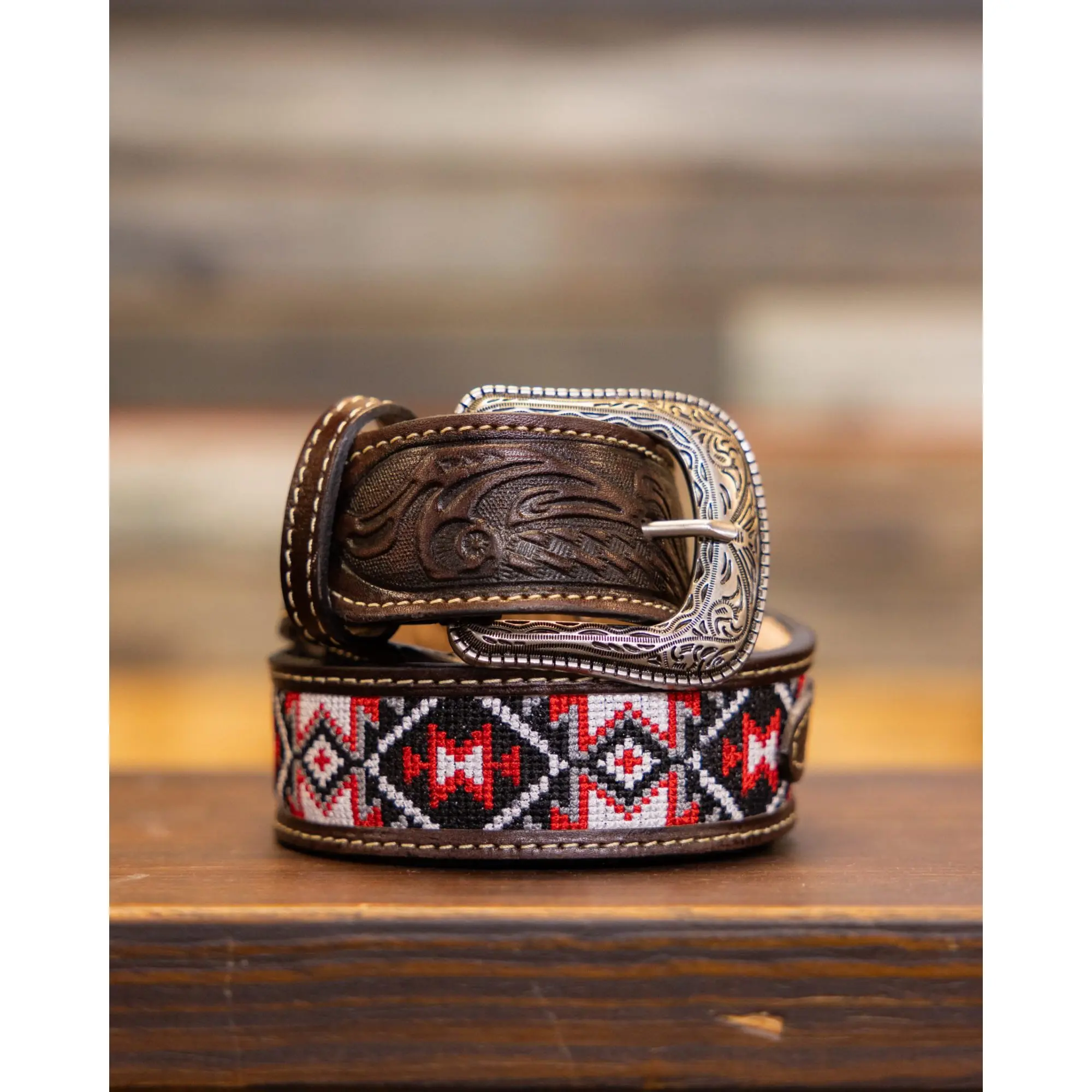 Red Aztec Brown Hand Tooled Belt