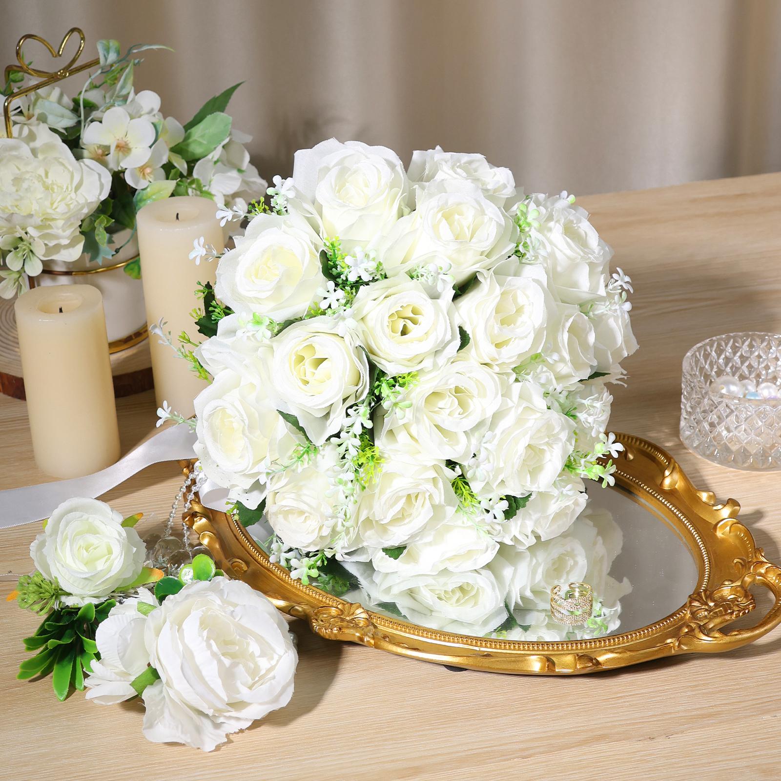 Wedding Bouquets for Bride Bridesmaid，White Champagne Roses Flowers for Bride Bridesmaid，for Home Wedding Party Ornaments Lifelike Fake Plant Fruit， Church Decoration, Ceremony, Anniversary