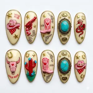 Cowgirl Press On Nails 3D Snake Shoes Cactus Rodeo Y2K