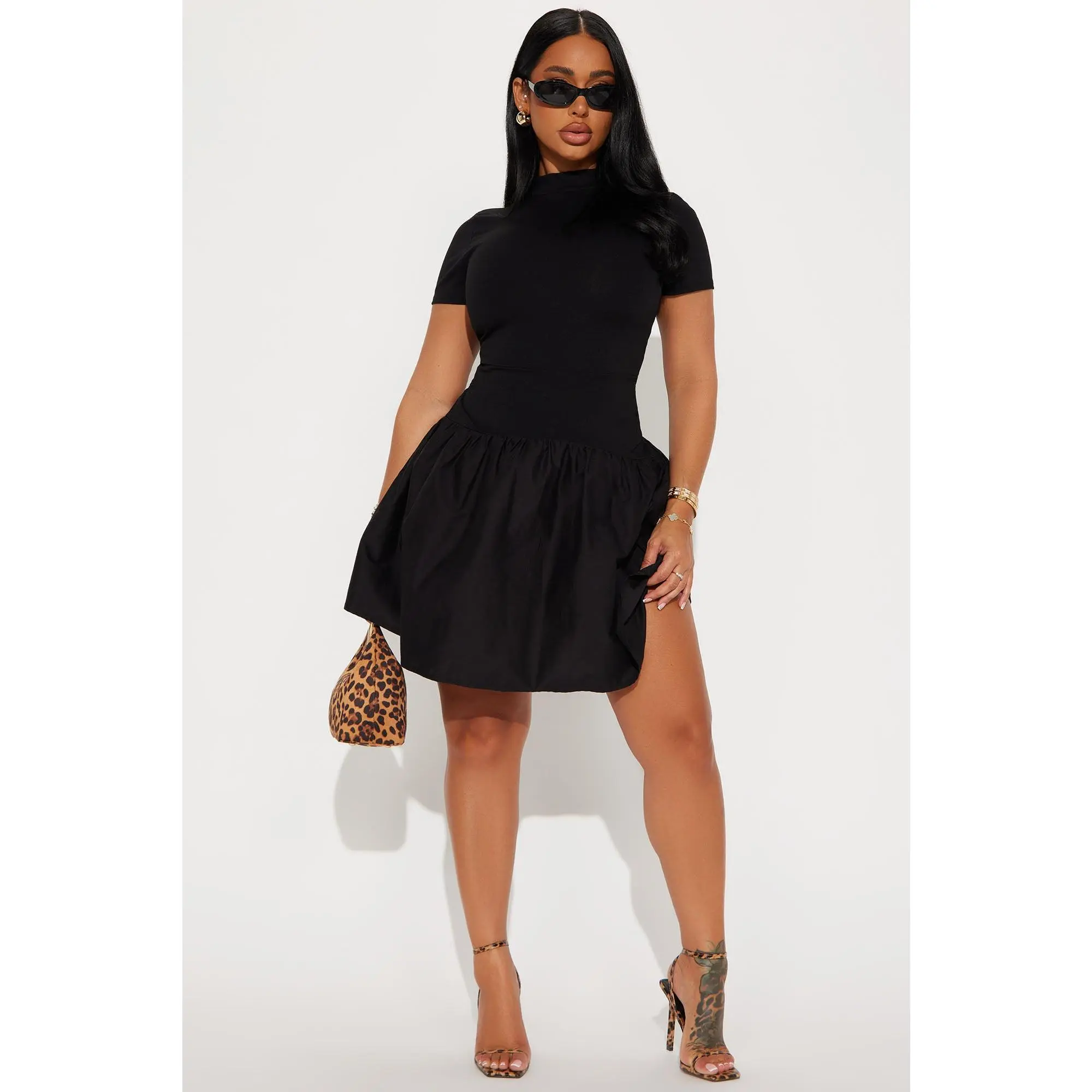 Kennedy Short Sleeve Drop Waist Mini Dress - Black