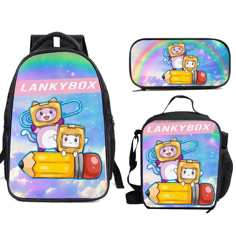 Lankybox Anime Backpack Set 3 Pieces with Lunch Bag and Pencil Case for Women Men, Fashion Daypack, Classic High Backpack for Teens, Travel Laptop Backpacks