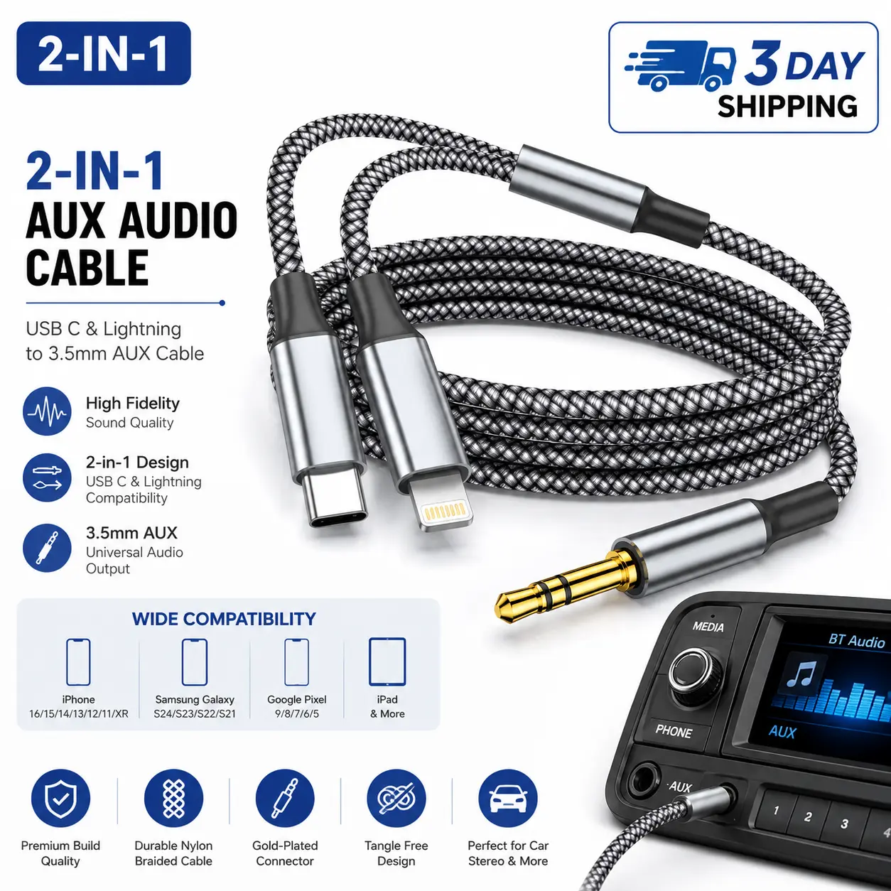 2 in 1 Aux Audio Cable [Apple Mfi Certified], USB C to 3.5mm Aux Lightning to 3.5mm Audio Cable Fit with iPhone 16/15/14/13/12/11/XR, Galaxy S24/S23/S22/S21, Pixel 9/8/7/6/5, iPad to Car Stereo 4FT