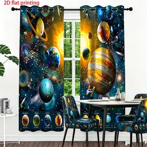 Solar System Planet Print Digital Flower Living Room Curtains, Window Curtain, Semi-Transparent Polyester Material, 2 Piece Set, Universe Decor Home Decoration, Window Hanging