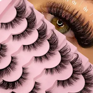 7 Pairs D-Shape Curl Voluminous False Eyelashes, Russian Dense Curl Mink Fiber Lashes, Strip False Eyelashes, Fake Cilia