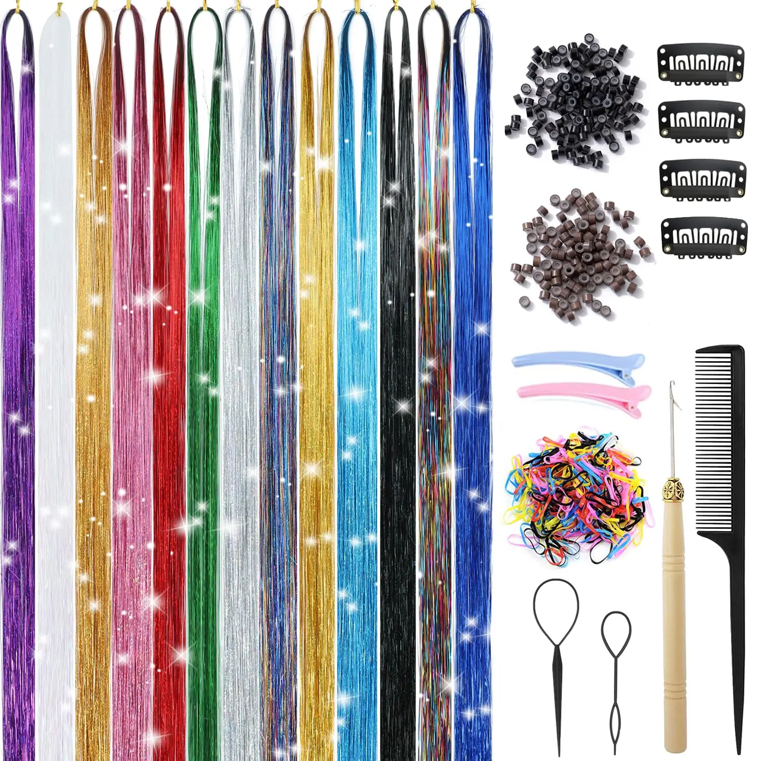 Hair Tinsel Kit With Tools 13 Colors 2800 Strands Glitter Tinsel Hair Extensions Heat Resistant Sparkling Shiny Fairy Hair Tensile for Women Girls  (13 Colors)