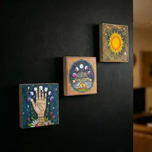 Primitives by Kathy Celestial Inspo Block Sign Set of 3 - 6" x 6" Wooden Wall Decor Signs with "Reach For The Stars" & "Trust The Magic Of New Beginnings" Designs for Home Decor