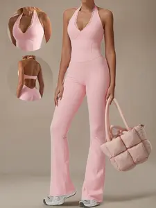 Women's Lace Cami Jumpsuit Set, V-Neck Halter Skinny Flare Jumpsuit, Slimming Tummy Control Backless One-Piece Outfit, Quick Dry Activewear for Yoga, Fitness and Outdoor Sports, Stretch Jumpsuit, Workout Jumpsuit