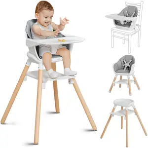 11-in-1 Convertible Wooden Baby High Chair, PU Leather BPA Free, 5-Point Safety Harness, Adjustable Height, Durable Feeding Chair for Infant & Toddler