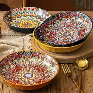 Bohemian Style Floral Pattern Ceramic Dinner Plate Set, 4 Counts/set Creative Dish Plate, Large Deep Plate for Home and Restaurant Use, Salad Plates, Ceramic Dinnerware Set