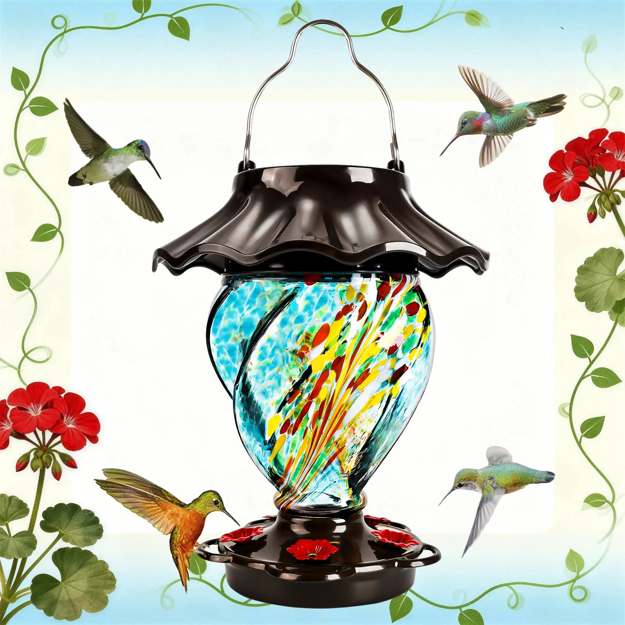 LUJII Solar Bird Feeders for Outside, Hand Blown Glass, 35 fl.oz, Never-Leak, Waterproof, Metal Base & Top, Lighted Lantern, Garden Decoration, Unique Gift for Bird Lovers