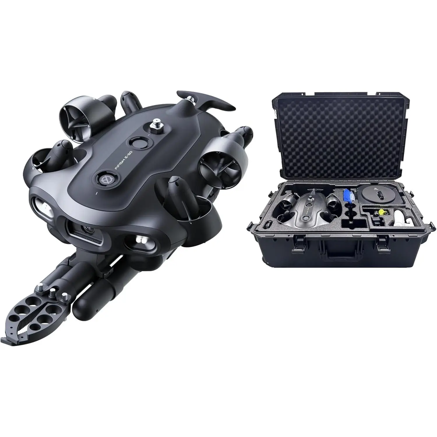 QYSEA FIFISH E-GO E200A Underwater Drone with Robotic Arm, 24/7 Continuous Operation with Energy Station, 10,000 Lumens Light, 1/1.8" CMOS 4K Camera, Extended Battery Pack, 128G Storage, 660ft Dive