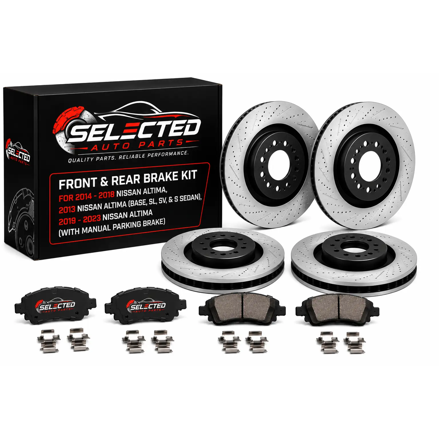 Front & Rear Brake Kit for 2013–2023 Nissan Altima – Ceramic Brake Pads with Hollow Drilled & Slotted Rotors (Base, S, SV, SL Models)